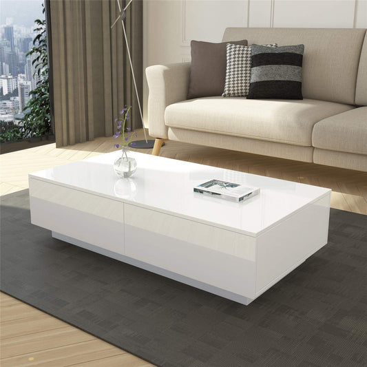 White high gloss coffee table with storage - Modern rectangular table with 4 drawers for living room & home office, high gloss finish & storage organizer 95x60x31 cm