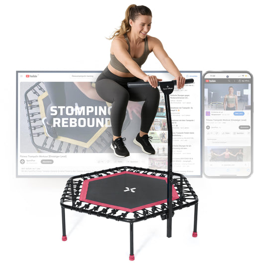 SportPlus Fitness Trampoline for home use, trampoline with adjustable handlebar, bungee suspension, workout & cardio training, premium quality Designed in Germany, 130kg capacity.