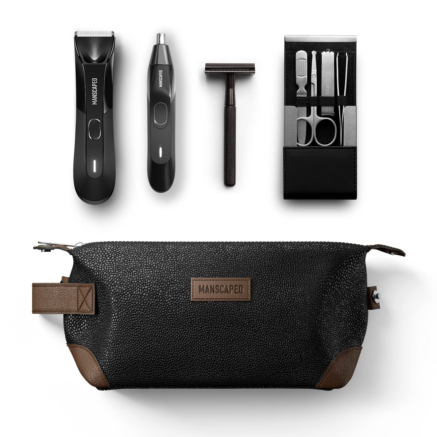 MANSCAPED® The Tool Box 4.0 includes The Lawn Mower® 4.0 Electric Trimmer, The Weed Whacker® 2.0 Nose & Ear Hair Trimmer, The Plow® 2.0, The Shears Four Piece Luxury Nail Kit, The Shed Toiletry Bag.