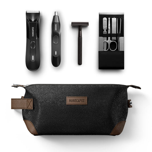 MANSCAPED® The Tool Box 4.0 includes The Lawn Mower® 4.0 Electric Trimmer, The Weed Whacker® 2.0 Nose & Ear Hair Trimmer, The Plow® 2.0, The Shears Four Piece Luxury Nail Kit, The Shed Toiletry Bag.
