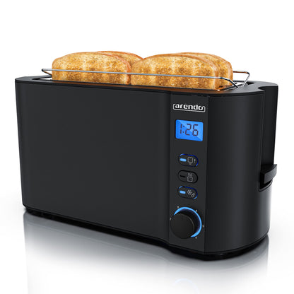 Arendo - Stainless Steel Long Slot 4-Slice Toaster - Double-wall housing - Integrated bun holder - Browning levels 1-6 - Bread centering - automatic shutdown - Display with remaining time display