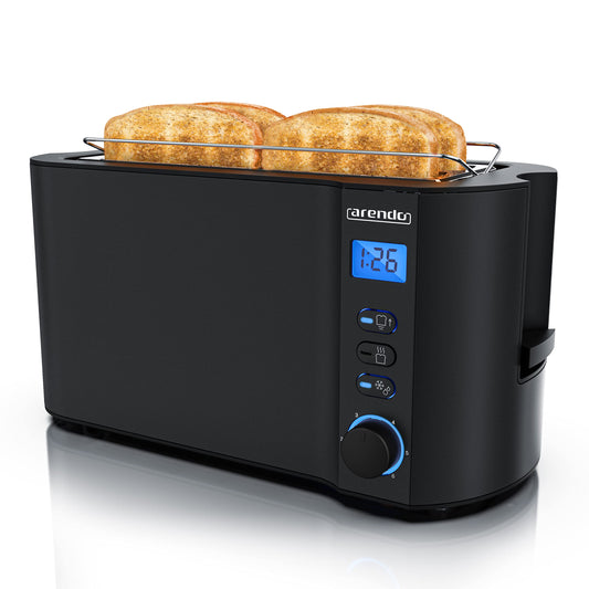 Arendo - Stainless Steel Long Slot 4-Slice Toaster - Double-wall housing - Integrated bun holder - Browning levels 1-6 - Bread centering - automatic shutdown - Display with remaining time display