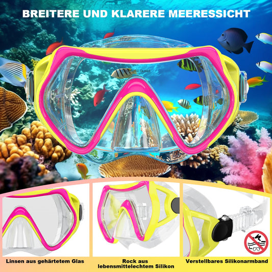 Adult snorkeling set includes adult snorkel mask with 180° panoramic view, anti-fog tempered glass, and adjustable silicone strap for snorkeling and swimming.