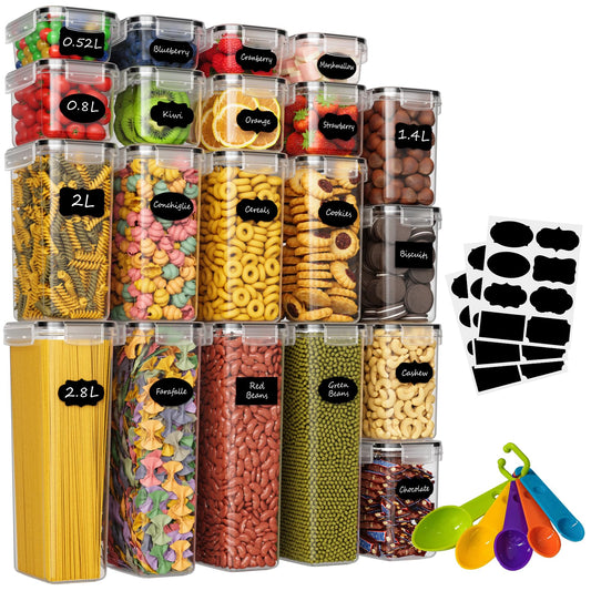 20-piece set of airtight food storage containers with plastic lids, perfect for storing spaghetti, flour, muesli, and cornflakes in the kitchen. Comes in various sizes ranging from 2.8L to 0.52L.