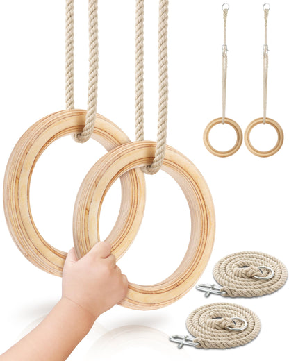 Woudi® wooden gymnastic rings made of laminated solid wood, swing rings with adjustable ropes, for kids and adults I Indoor & Outdoor use I gymnastic rings I toy (17cm outer diameter).