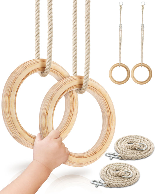 Woudi® wooden gymnastic rings made of laminated solid wood, swing rings with adjustable ropes, for kids and adults I Indoor & Outdoor use I gymnastic rings I toy (17cm outer diameter).