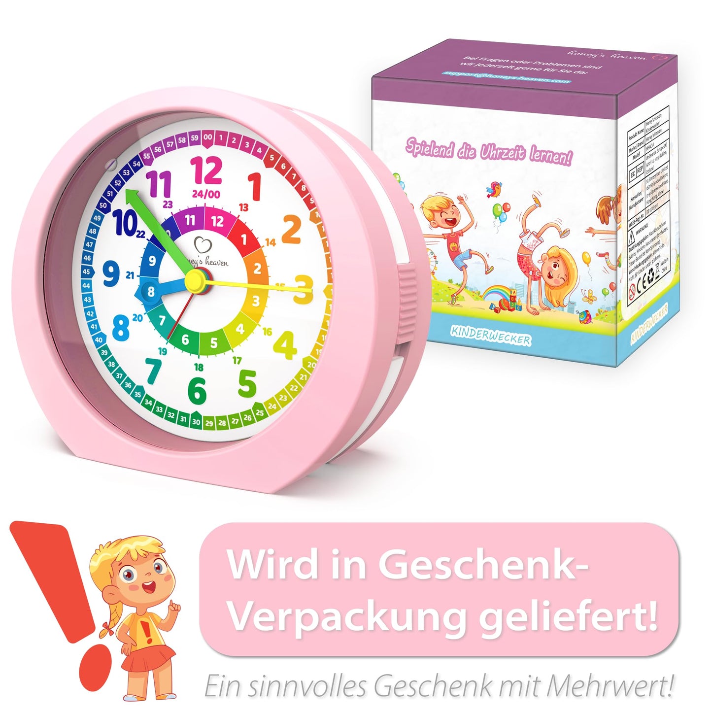 Honey's Heaven Kids Alarm Clock - no ticking sound - for boys and girls - educational alarm clock learning clock wake-up clock kids' clock quartz alarm clock snooze analog quartz clock (pink)
