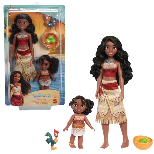 Mattel Disney Moana 2 Toys, Sisters Set with 2 Fashion Dolls in iconic outfits, pet Heihei, coconut & basket accessories, inspired by the movie, JBT66