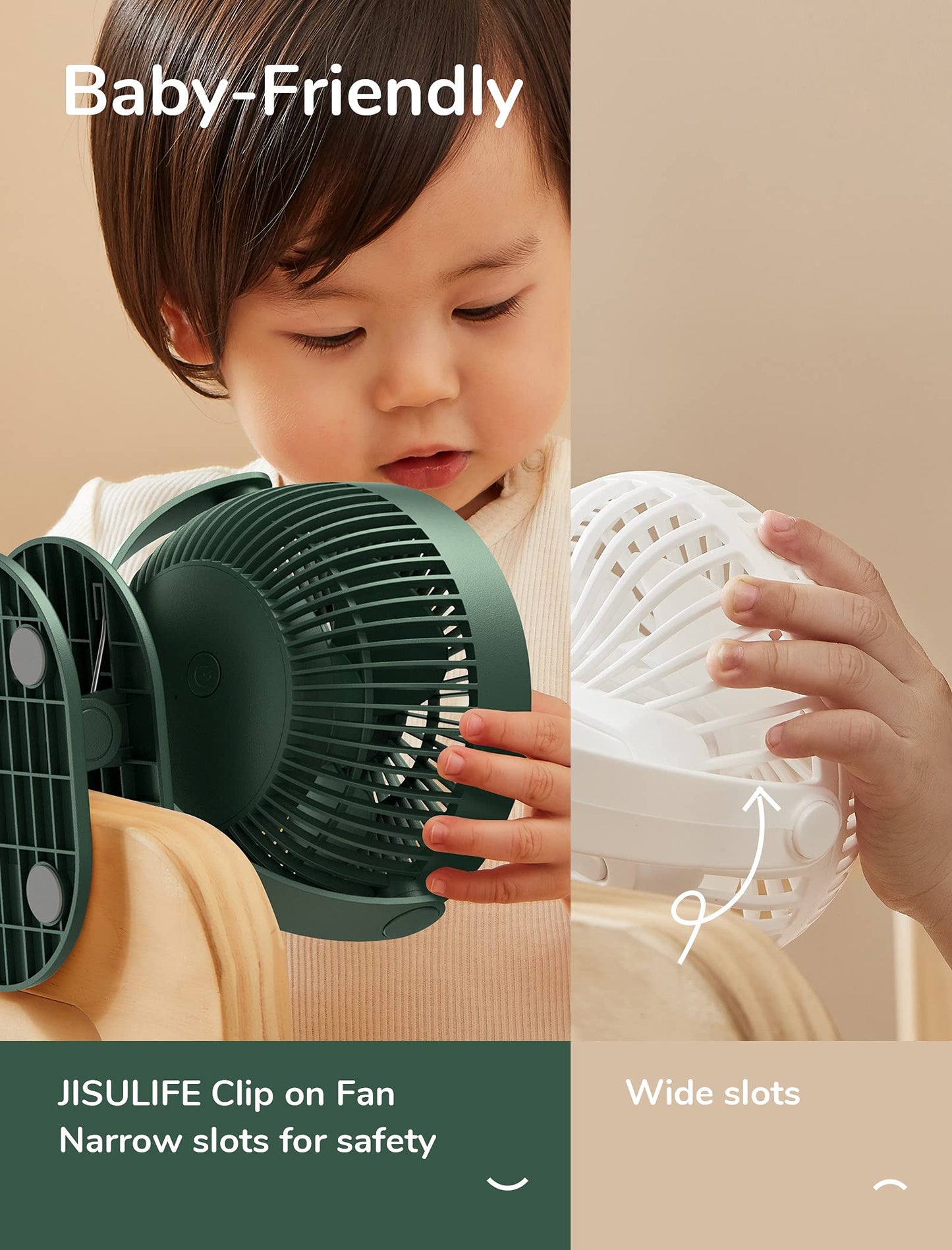 JISULIFE Mini USB Fan, Clip Battery Operated Desk Fan, Very Quiet Small with 4000mAh Battery, 4 Speeds, Up to 14 Hours for Bed, Desk, Crib, Stroller, Car Seat - Green
