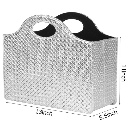 HofferRuffer magazine holder with handle, foldable PU leather magazine stand, document holder, magazine basket, newspaper storage for office, coffee table, living room, reception (Silver)