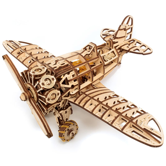 MagicWood - Mechanical 3D Puzzle Wooden Propeller Plane - DIY Wooden Puzzle Kit for Adults & Kids - Model kit to assemble without tools & glue - Wooden construction kit
