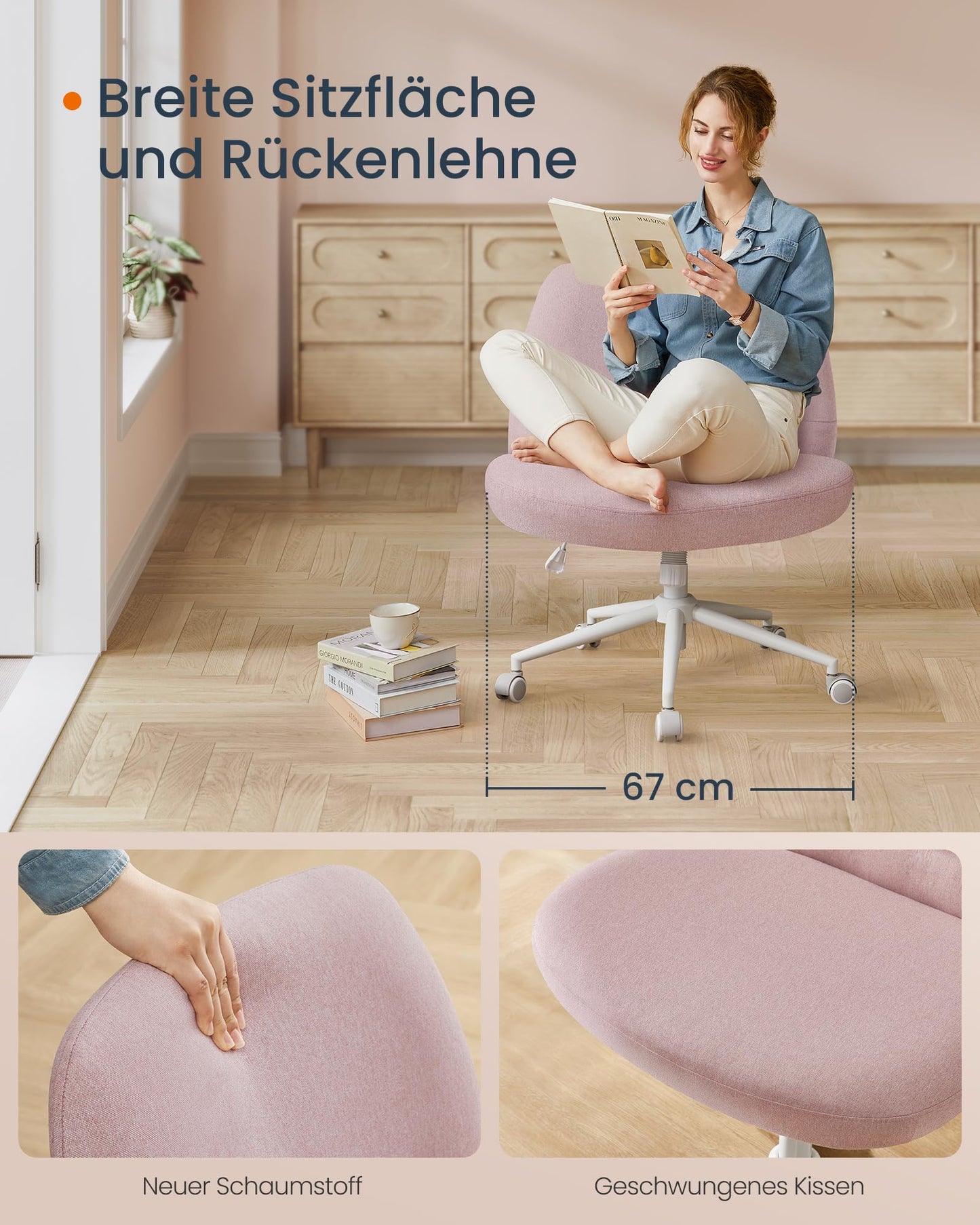 SONGMICS HOME Sewing Seat Chair, Makeup Chair, Armless Swivel Chair, Desk Chair, wide seat surface, modern, with base, adjustable height, rocking function, pastel pink OBG047R01