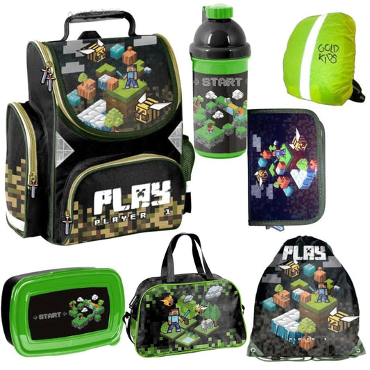 School backpack set for boys in 1st grade, 7 pieces: backpack, satchel, school bag, pencil case, gym bag, lunch box, water bottle, sports bag, rain cover. Game pixel design pencil case included.