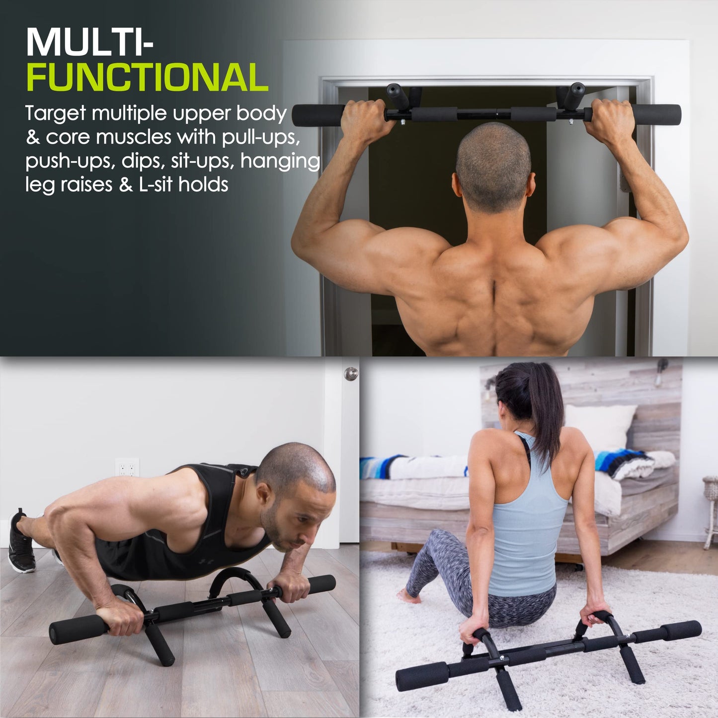 ProsourceFit Multi-Grip Lite Pull Up/Chin Up Bar, a sturdy doorway bar for upper body workouts at home gyms. Adjustable length from 24”-32”.