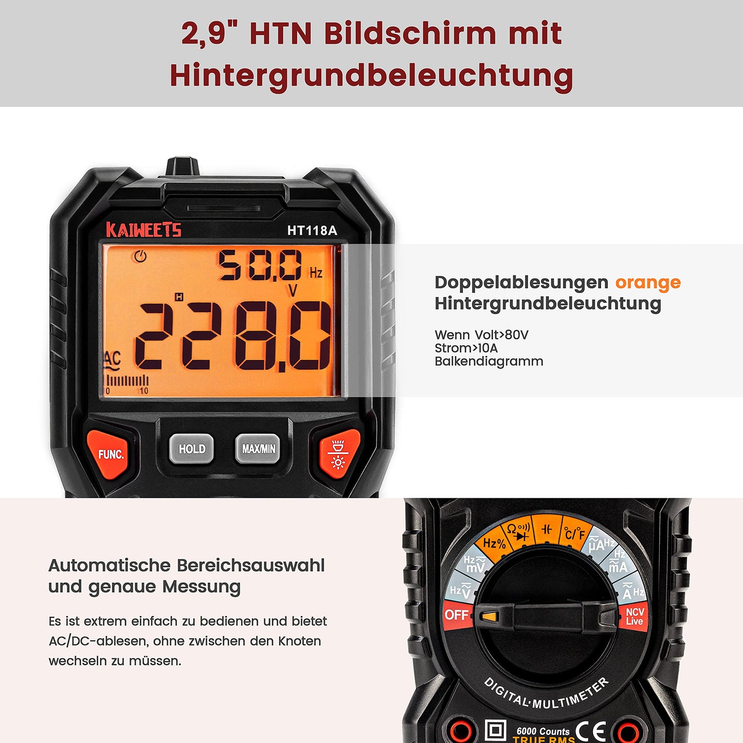 KAIWEETS Digital Multimeter with LED jacks, True RMS Auto-Range 6000 Counts, measures voltage, capacitance, temperature, resistance for electricians.