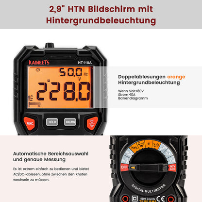 KAIWEETS Digital Multimeter with LED jacks, True RMS Auto-Range 6000 Counts, measures voltage, capacitance, temperature, resistance for electricians.