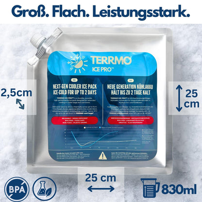 TERRMO Ice Pro™ Premium Large Cooling Pack for Cooler Bag, Ice Box, Cooler Backpack | Long cooling time up to 48-72h | Reusable, High performance | Cooling elements XL | 830ml/900g, 25x25cm (4 pack)