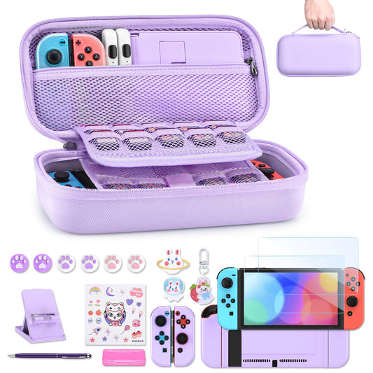 Switch case for Nintendo Switch - innoAura 18 in 1 Switch accessory kit with Switch case, Switch case, Switch game storage, Switch screen protector, Switch stand, Switch joystick caps (Purple)