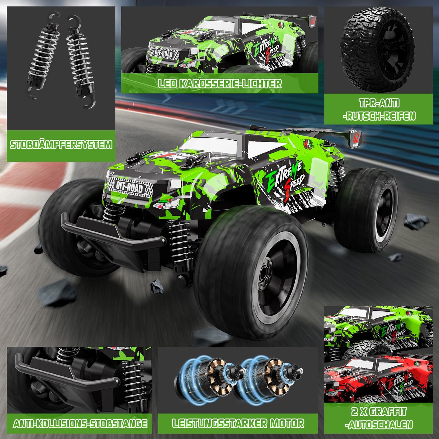 Remote-controlled car for ages 3 4 6 8 years, 1:18 Remote-controlled monster truck with body light/double shell. RC car for ages 3 4 6 8 years. Perfect gifts for boys and girls.