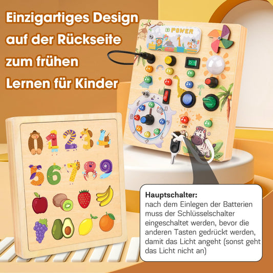 MILFECH Montessori Toy Busy Board with LED Light Switch Activity Board Wooden Toy, 17 LED Motor Skills Toy Sensory Toy Learning Toy for Babies Toddlers Boys Girls aged 1 2 3 4 years