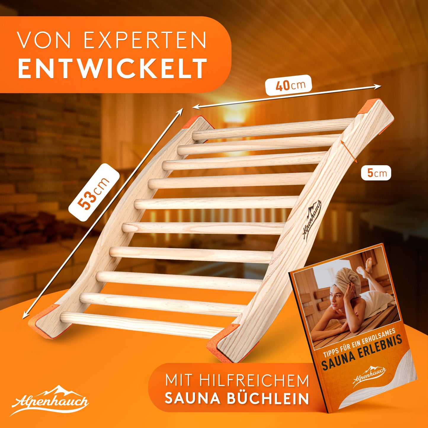 ALPENHAUCH Sauna backrest made of 100% natural wood [1 piece] - Ergonomic backrest with curved S-shape - Elegant sauna accessory infrared cabin - Comfortable backrest infrared cabin
