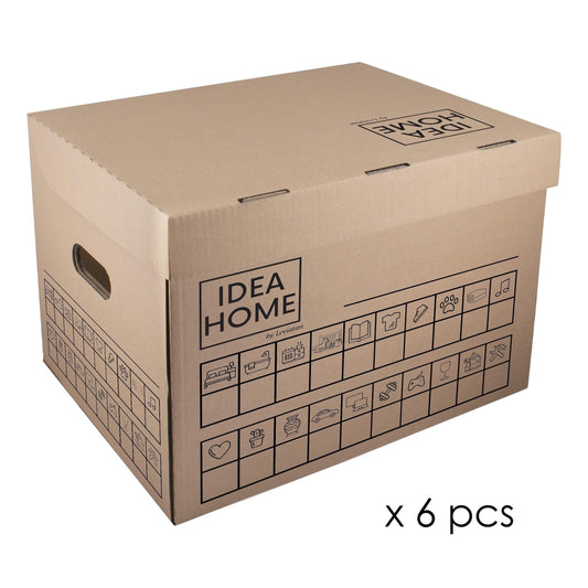 IDEA HOME 6-piece set moving box Movebox Archive box Storage box Made of cardboard with lid Very sturdy packing box with a load capacity of 30 kg Size: 431x333x294mm, Brown