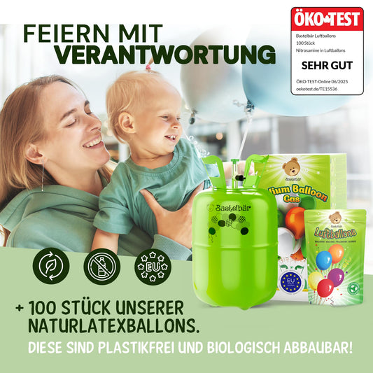Helium gas cylinder + 100 balloons ECO-TEST "VERY GOOD" • guaranteed 420l balloon gas ✓ for approx. 50 balloons ✓ MADE IN EU ✓ Helium Balloon Gas • practical filling system for parties, weddings, birthdays.