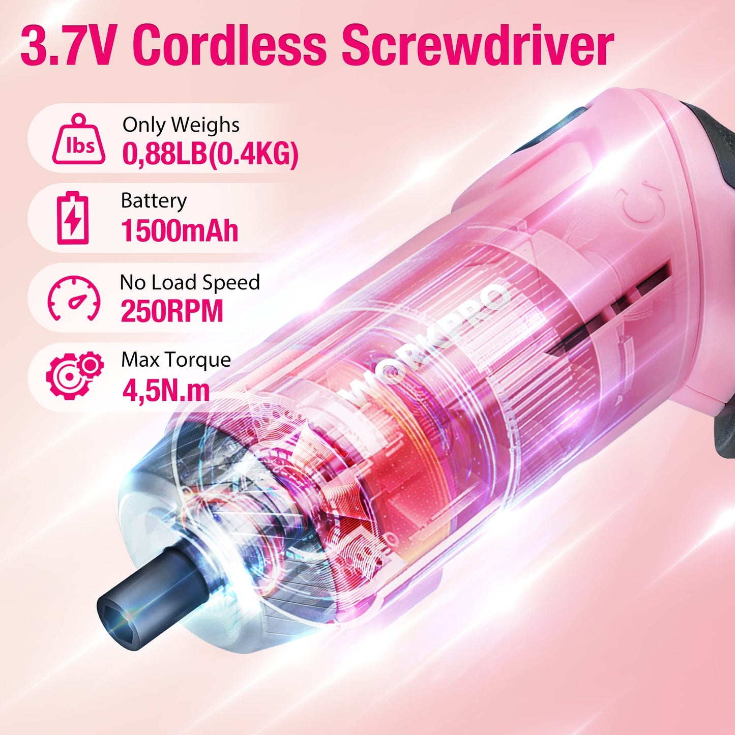 WORKPRO 18-piece pink tool set with USB C cordless screwdriver, small pink toolbox filled with household essentials, tool kit for DIY enthusiasts, children, crafting.
