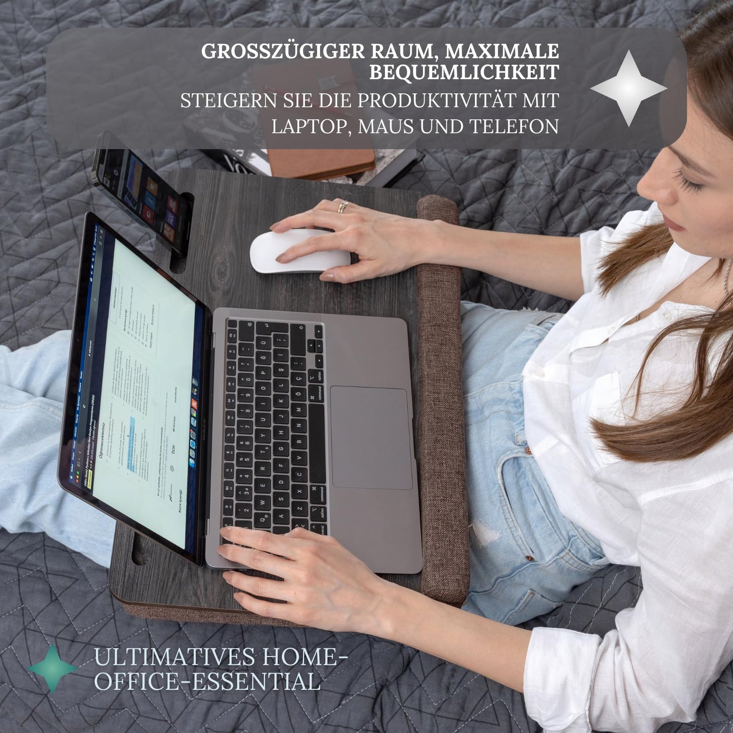 Vigo Wood Laptop Table - Laptop Tray Stand for up to 17.3 Inch - Cushioned Tray for Comfortable Work in Bed or on the Sofa - Sustainable Lap Desk for Home office, Study, and Relaxation.