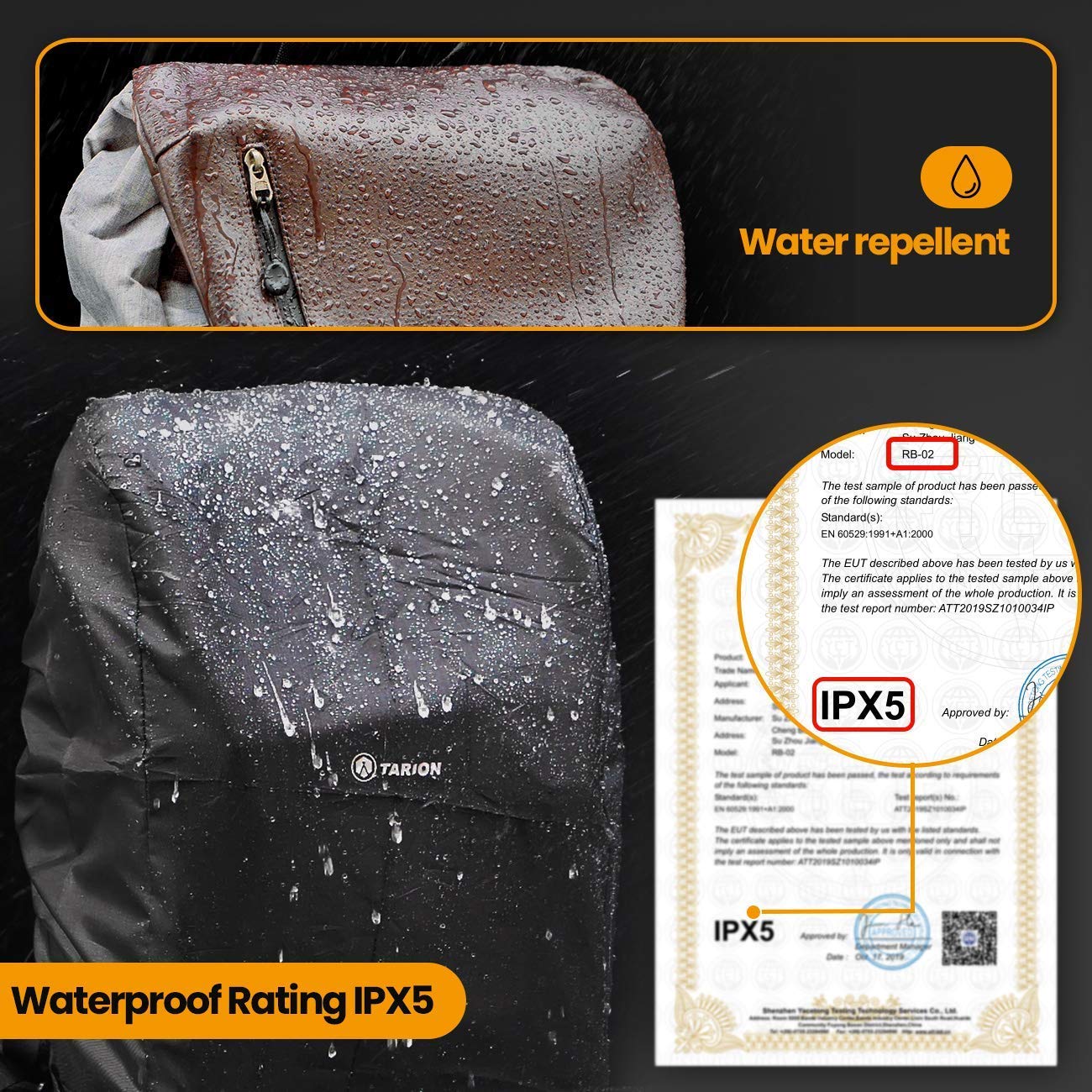 TARION camera backpack waterproof DSLR camera bag Certified protection class: IPX5 Waterproof camera backpack with rain cover for women and men.