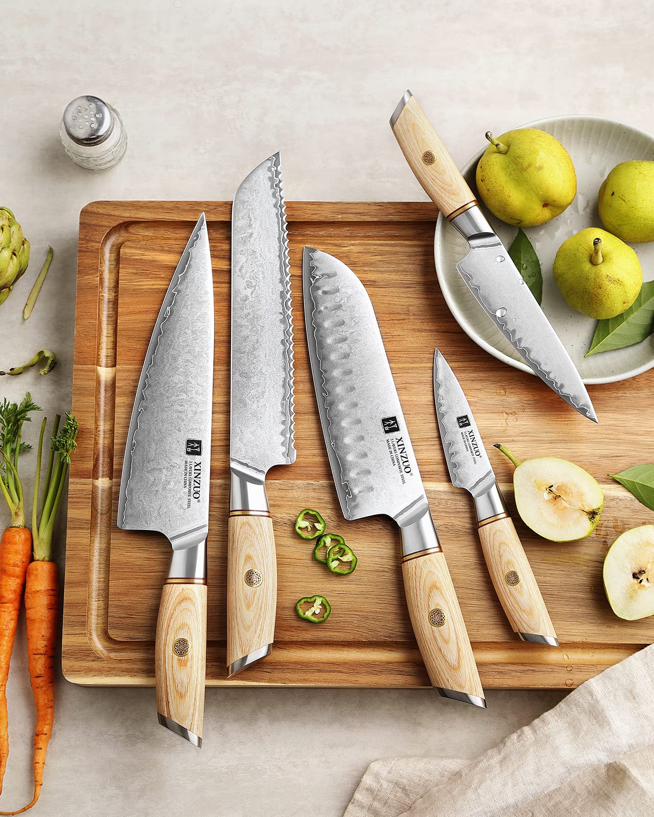 XINZUO 5-piece kitchen knife set made of composite steel, chef's knife set with 3 layers of composite steel 10Cr15CoMoV steel core, professional sharp Japanese knife set with Pakkawood handle.