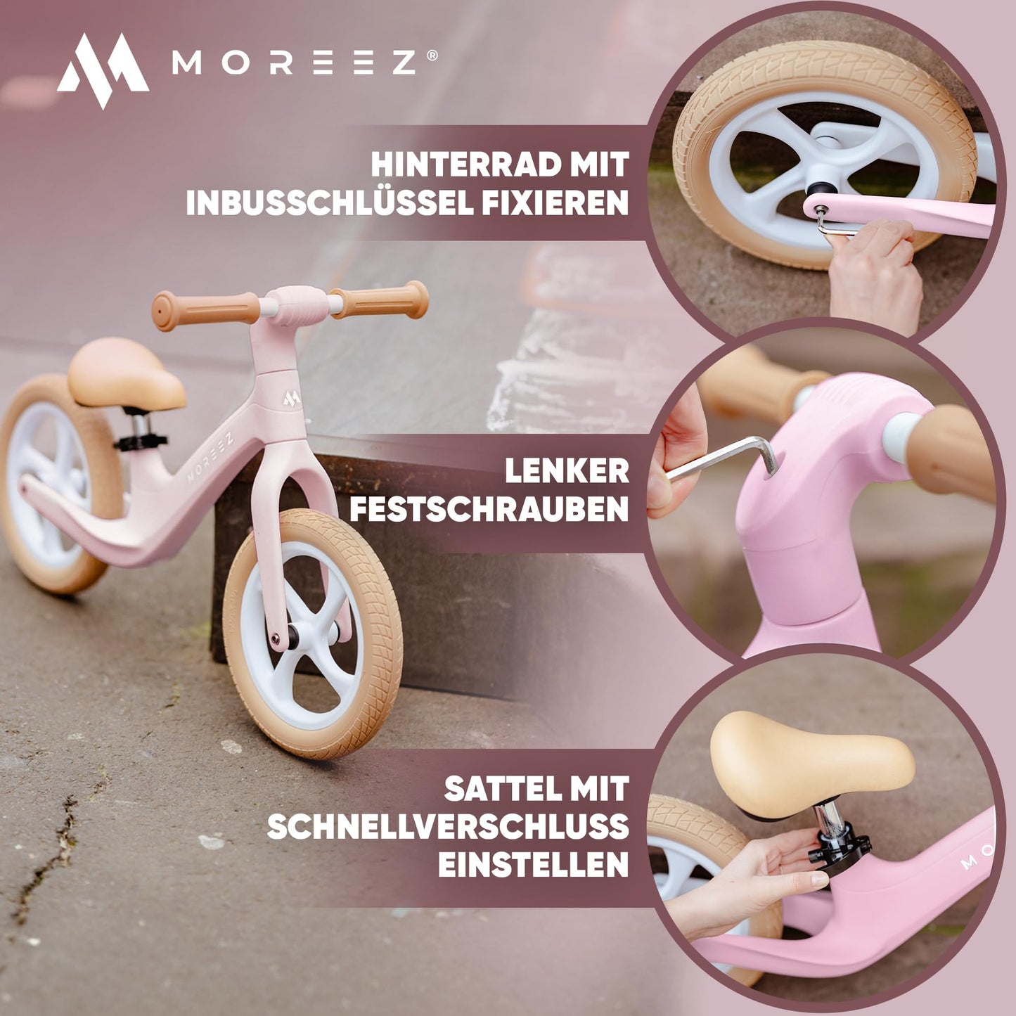 MOREEZ® Balance Bike for 2 years and up [2-5 years]. Ultra-light kids' bike with crash protection, ergonomic seat, 50kg puncture-proof 12-inch wheels, footrest, adjustable height. For girls and boys in pink.