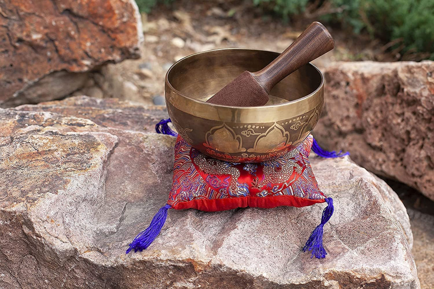 Large Tibetan singing bowl set - easy to play - Mantra design - Mindfulness meditation - Healing sound gift from Himalayan Bazaar