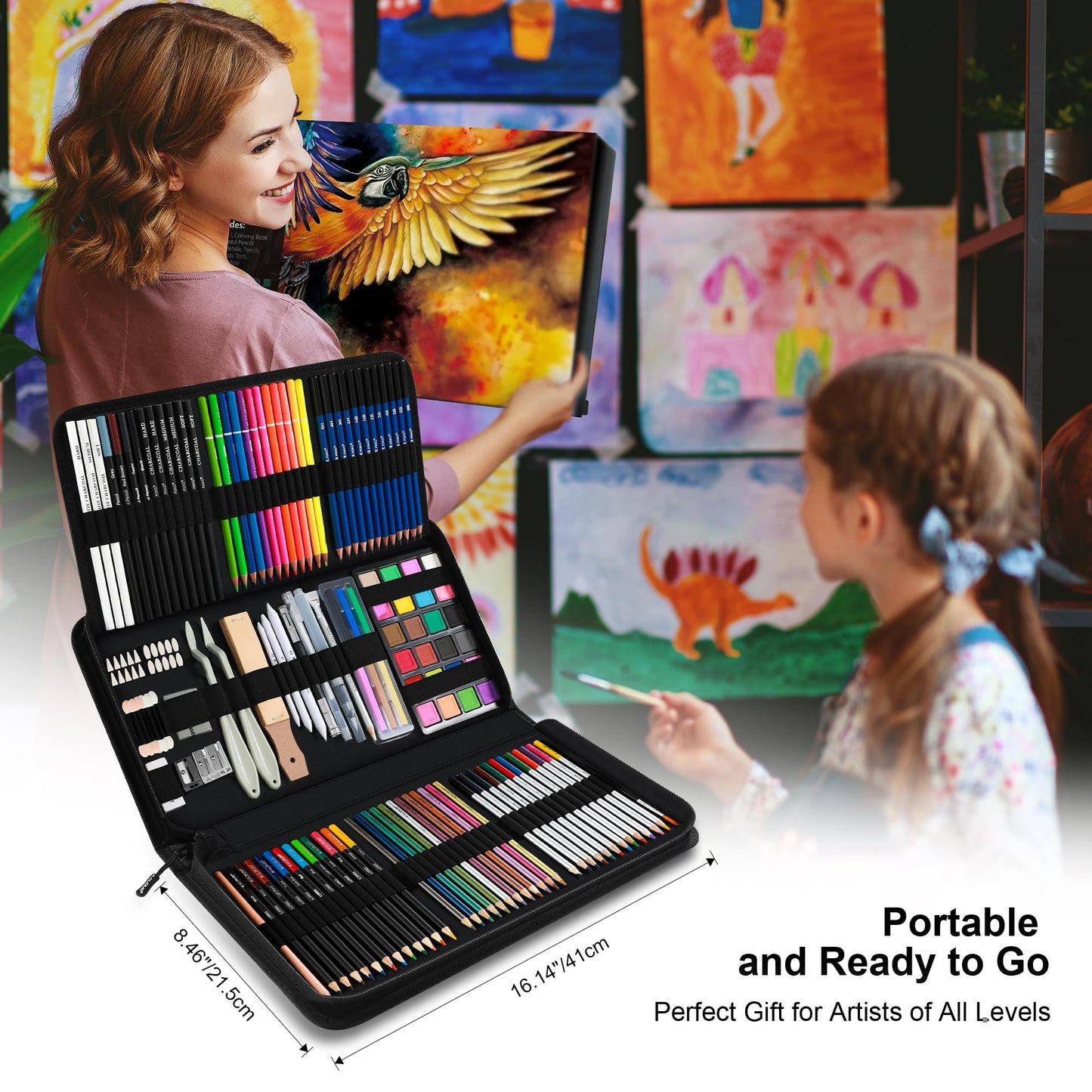 KALOUR 154-piece art supplies set - sketching and drawing set with sketchbook, tutorial book, drawing paper - graphite, colored, charcoal, watercolor, and metallic pencils - drawing tools for artists and.