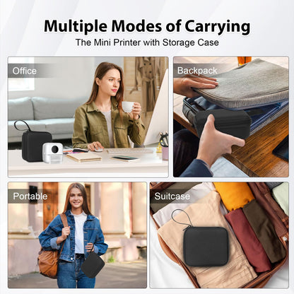 Mini printer with bag, mini label printer bag Portable mini photo printer 10 rolls of printer paper Bluetooth photo printer thermal printer for learning aids learning notes journal memo (White with Bag)