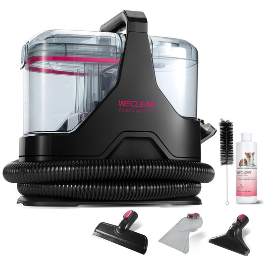 WECLEAN C3 wet/dry vacuum cleaner upholstery cleaner machine, stain remover for carpets, sofas, stairs, windows, mirrors, upholstery, cars, 600 watts, 15KPa, black/pink.