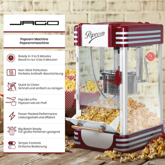 Jago® Popcorn Machine Retro - 60L/h, 200g/10min, Stainless Steel Pot, for salty popcorn - 50s style, Pro Popcorn Maker, Preparer, Machine