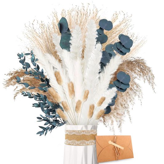 ZJTAPE Pampas Grass Dried Natural Dry Flowers - Dried Eucalyptus and Lagurus Decor, Dried Flower Bouquet for Crafting, Wedding Table, Living Room Vases, Boho Home Decor