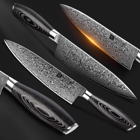 XINZUO 5 Piece Kitchen Knife Set 67 Layers Damascus Steel Chef Knife Set, Professional Forged Damascus Knife Set Sharp Blade Cooking Knife Set - Chef Santoku Slicing Utility Fruit Knife - PakkaWood Handle