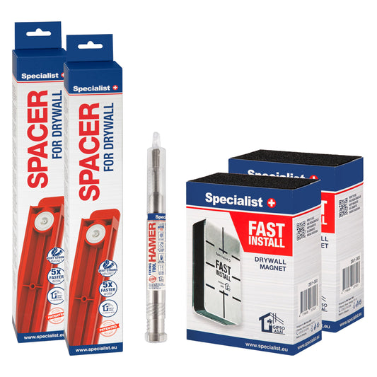 Specialist Drywall Framing Tool Set includes x2 SPACER (40cm), x2 FAST INSTALL drywall magnet, and x1 HAMER - screwdriver for installing metal frames in drywall ceilings.