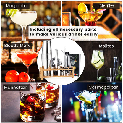 Boston Cocktail Shaker Set, 16 Stainless Steel Cocktail Set, Professional Cocktail Mix Set, 600/450ML Cocktail Shaker with Bar Accessories Bartender Set with Bamboo Stand for Home Bar Gift Set