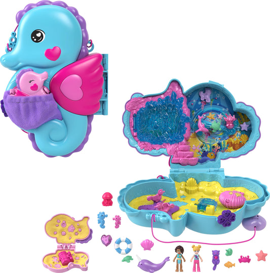 Polly Pocket dolls and playset with animals and 13 accessories, 2-in-1 Daddy and Me seahorse case, portable bag and animal toys, featuring Shani, HWP03.