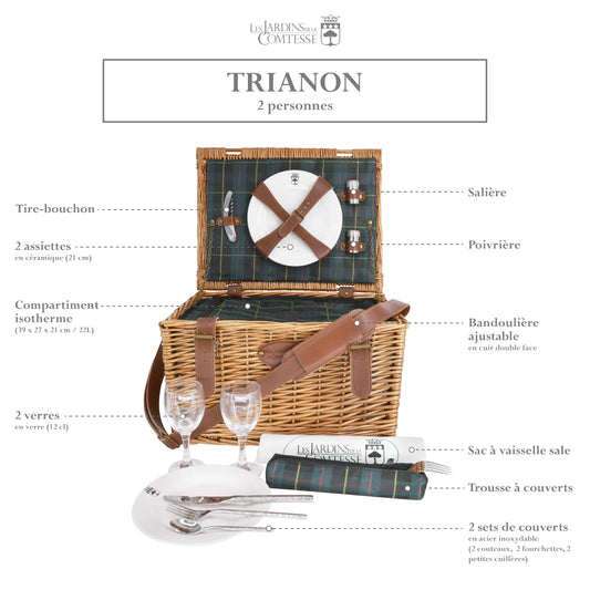 Les Jardins de la Comtesse - Picnic Basket Trianon Green - Leather Straps - Complete for 2 People - Cooler Compartment - Ceramic Plates and Wine Glasses - 40 x 30 x 23 cm