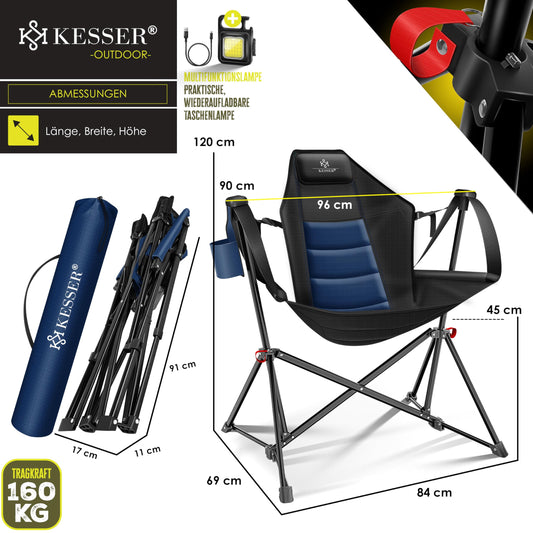 KESSER® Camping chair foldable rocking chair up to 160 kg | Fishing chair folding chair padded | Camping light and drink holder + bag with high backrest | Beach chair with rocking function