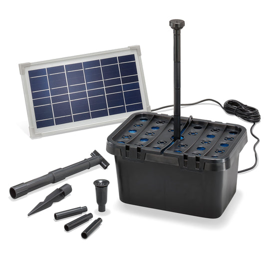 Esotec Solar Pond Filter Set Starter 8/380, Complete pond filter set, pump 380l/h, 2 sprinkler attachments, 8 Watt solar panel, Solar pond pump for outdoor use, decorative water feature 100900