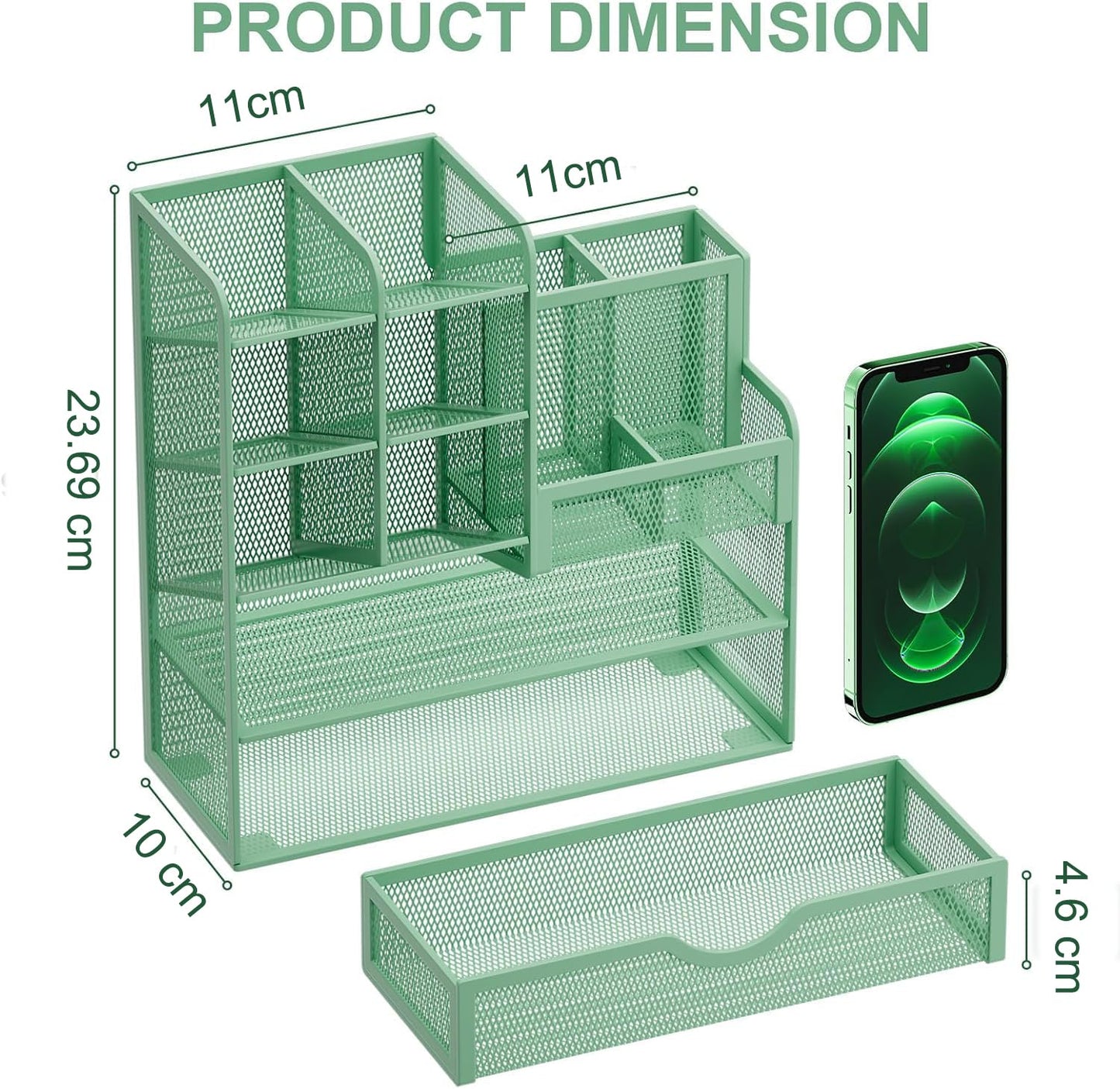 Marbrasse Mesh Desk Organizer, Multifunctional Pen Holder with Drawer, Storage Shelf for School Home Office Supplies (Green)