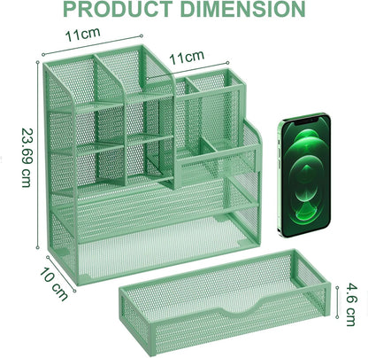 Marbrasse Mesh Desk Organizer, Multifunctional Pen Holder with Drawer, Storage Shelf for School Home Office Supplies (Green)