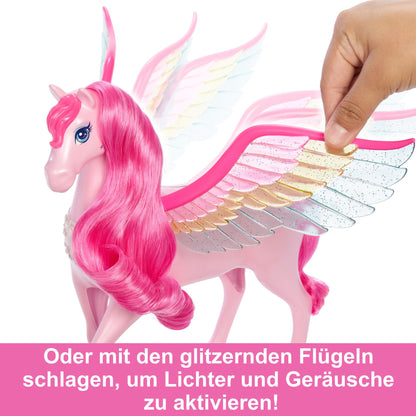 Barbie Hidden Magic Pegasus - Interactive toy with lights and sounds, 10 accessories, rainbow wings, for children 3+. Item number HLC41.