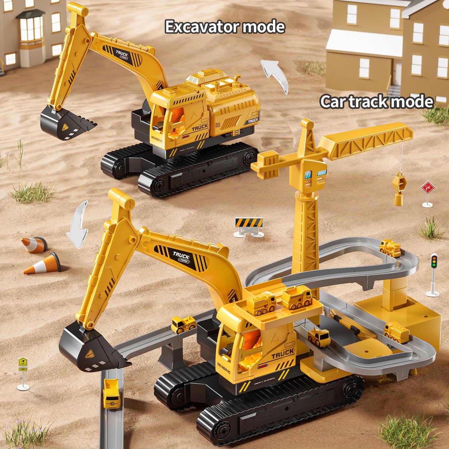 TEMI Excavator Toy for 3 4 5 6 7 8-year-old Boys, Construction Vehicle with Race Track, Crane Toy for Kids, Birthday Gift for Boys and Girls from 3 years.