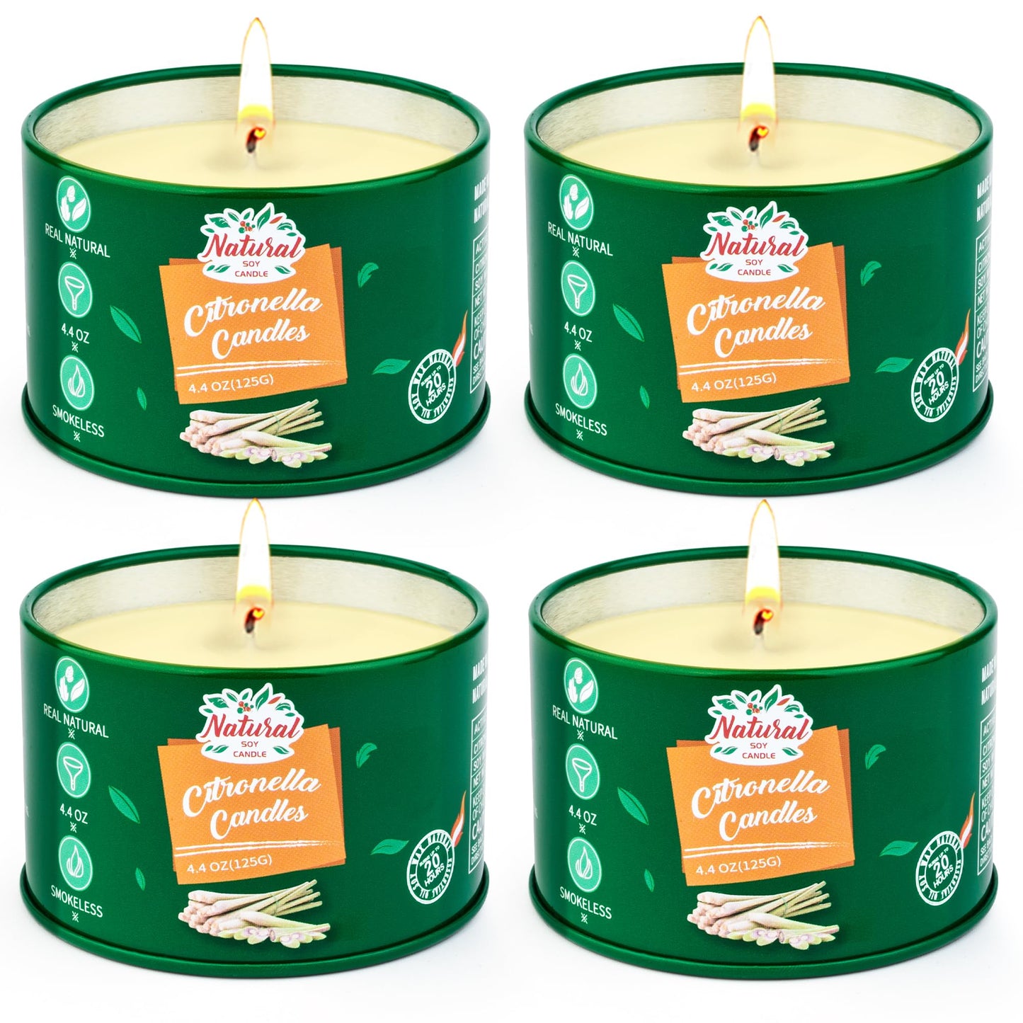 Citronella candles outdoor large, 4x125g citronella candle outside-120hrs burning time lemon candles garden, natural soy wax lemon scented candles set for camping patio picnics summer gift